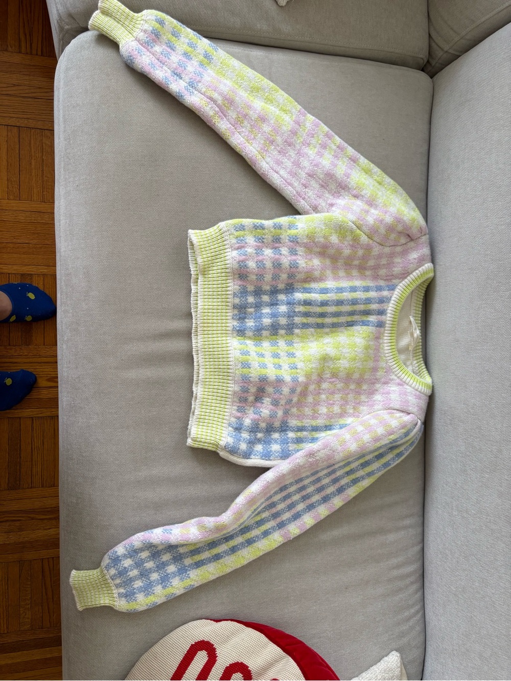 LoveShackFancy Cream Sweater with Lime Green Trim and Pastel Blue & Pink Pattern